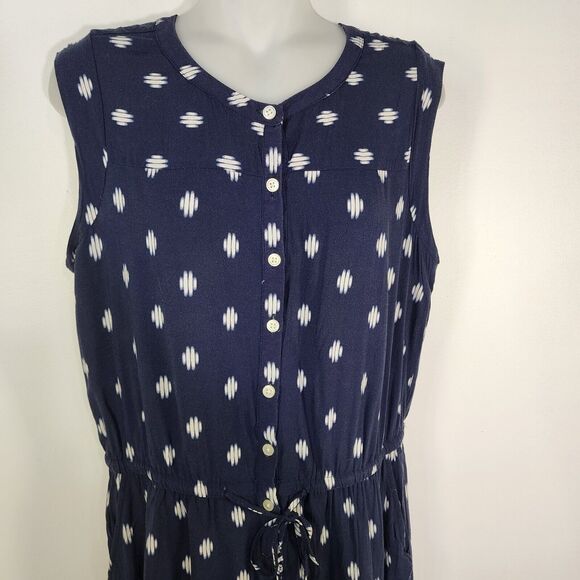 Ann Taylor Loft Womens Medium Jumpsuit Navy Blue IKAT Print Drawstring Waist - Picture 3 of 15